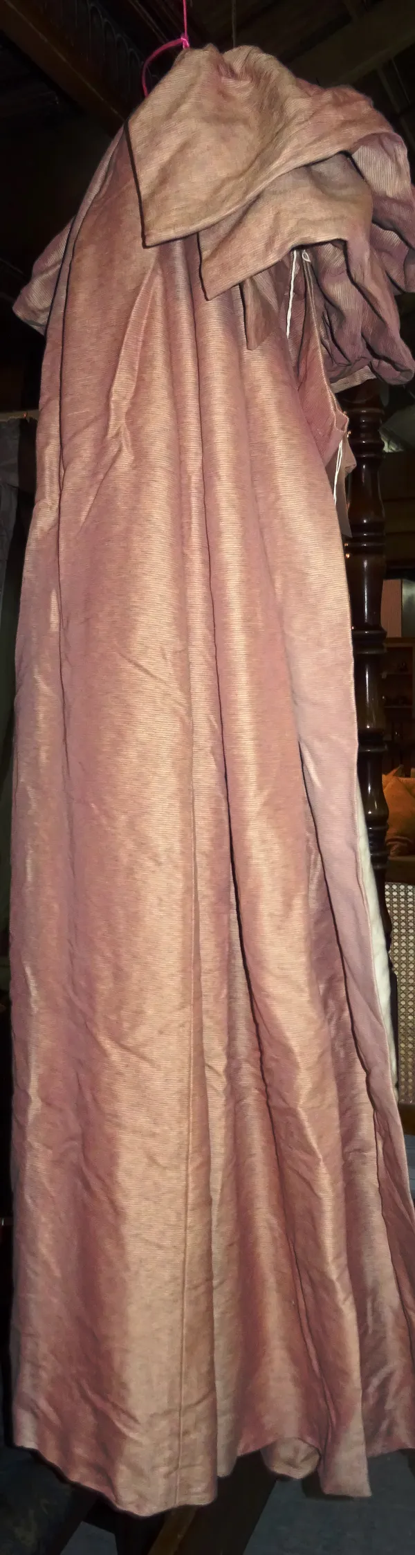 Curtains, comprising; two pairs and a single lined curtain, pink with a gold shimmer, 94cm wide x 230cm fall, 90cm wide x 190cm fall and the single 10