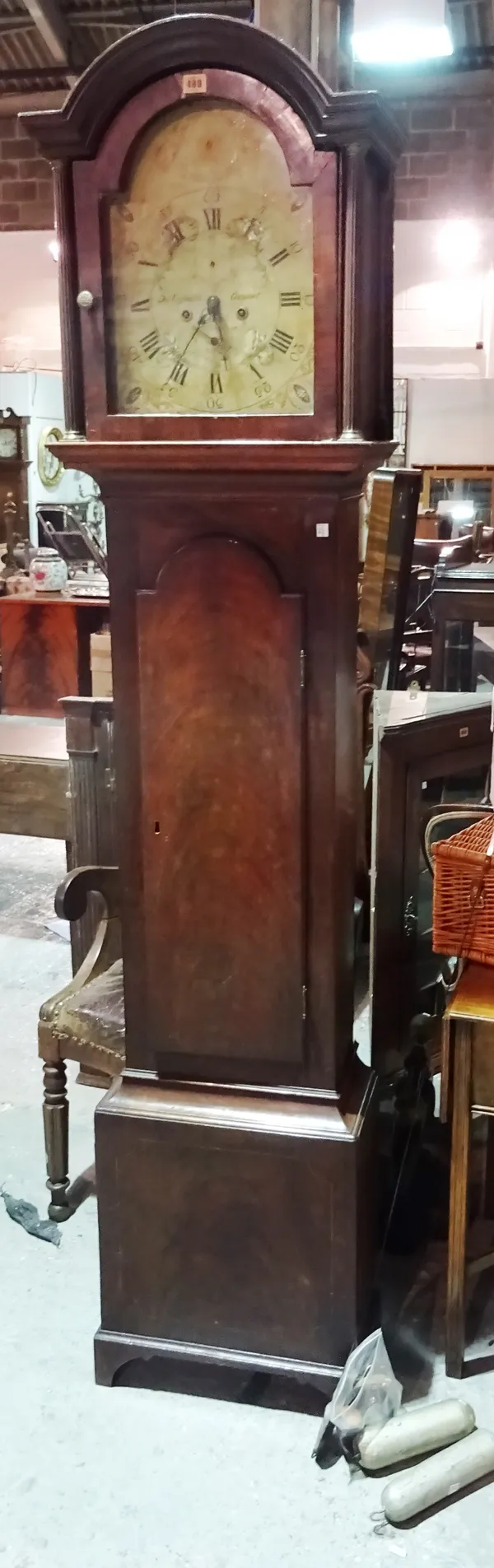 A 19th century mahogany framed eight day longcase clock, with painted dial, 43cm wide x 208cm high, (one pendulum, two weights).  M6