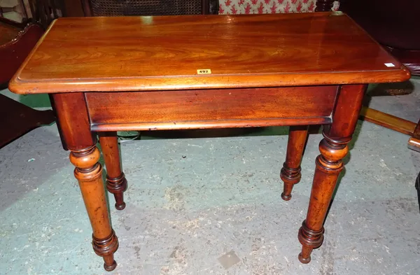 A Victorian mahogany side table, on ring turned tapering supports, 94cm wide x 78cm high.  K7