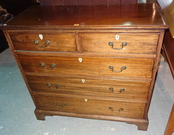 A George III mahogany chest of drawers, with two short and three long drawers, on bracket feet, 111cm wide x 103cm high.  K8