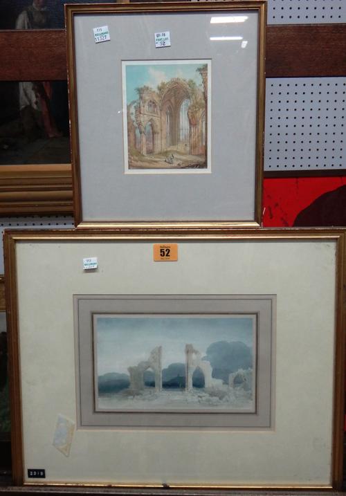English School (early 19th century), Glastonbury Abbey, watercolour, 13cm x 20cm.; together with a further watercolour of a ruined abbey by another ha