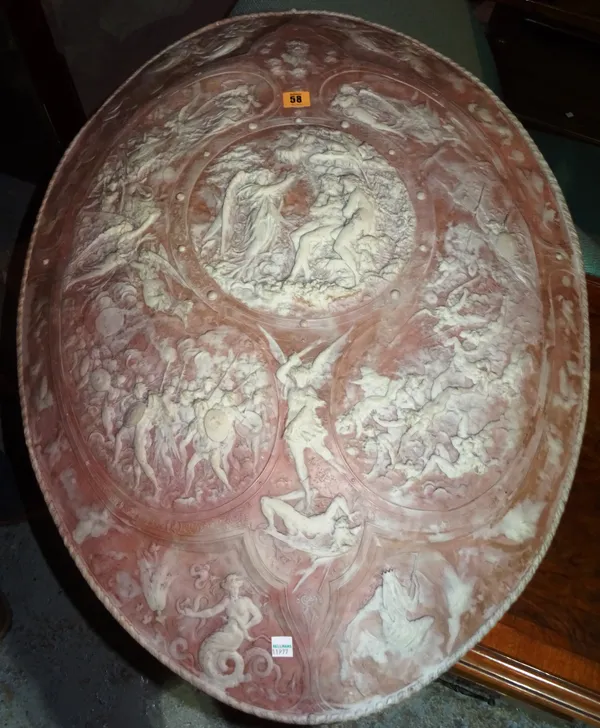 A large 20th century faux abalone composite plaque, depicting reliquary scenes, 84cm x 64cm.  I7