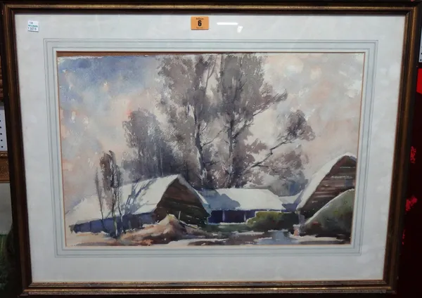 William Arthur Watkins (1885-1975), Farm buildings under snow, watercolour, inscribed on labels on reverse, 36cm x 54cm.  M1