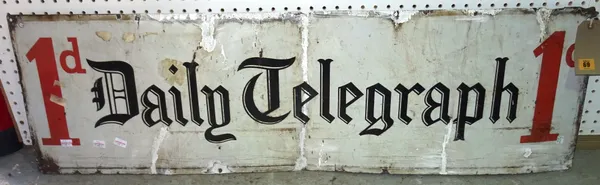 An early 20th century 'Daily Telegraph' enamel sign, 120cm wide x 35cm high, and a metal 'Ingoldsby Road' sign, 117cm wide x 23cm high (a.f), (2).  F1