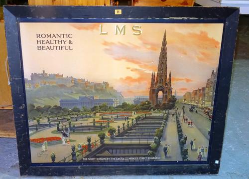 A 20th century 'L.M.S' advertising sign street view of Edinburgh, signed 'E. Whatley', 115cm wide x 95cm high.  A8