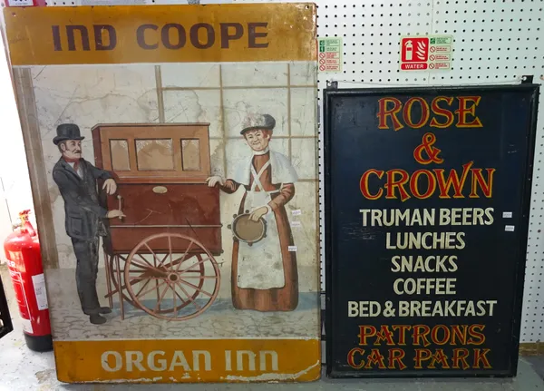 A 20th century 'Rose & Crown' advertising sign, 60cm wide x 94cm high, and a 20th century 'Ind. Coope's' advertising sign, 86cm wide x 116cm high, (2)