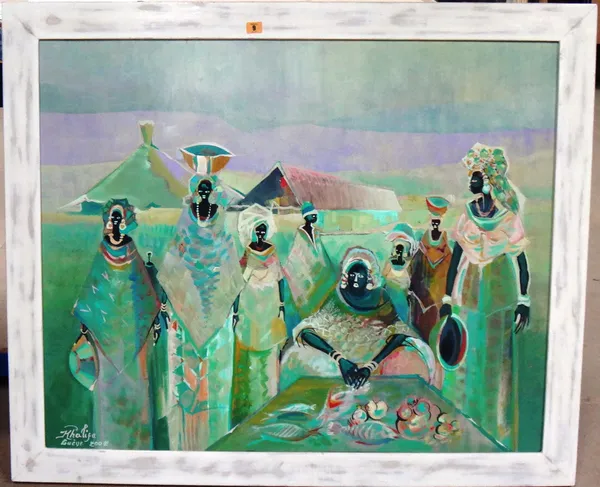 ** Khalia (21st century), Native figures before an encampment, oil on canvas, signed and dated 2007, 83.5cm x 103cm.  M1