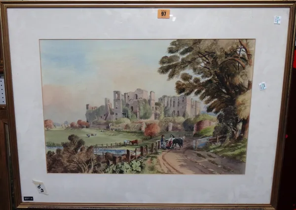 English School (19th century), Figures and animals before a ruined castle, watercolour, indistinctly signed and dated, 38cm x 56cm.  I1