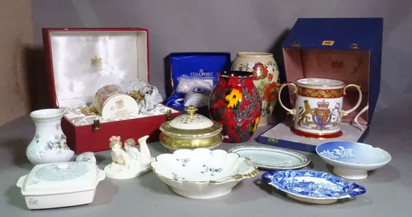 Ceramics, including a Copeland Spode floral decorated vase, a Coalport figure group, boxed Spode commemorative cups, a Poole Pottery vase and sundry,