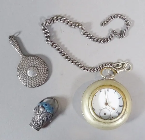 A silver cased, key wind, openfaced gentleman's pocket watch, London 1861, with a base metal outer travelling case, a gentleman's silver curb link wat