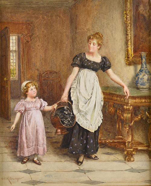 George Goodwin Kilburne (1839-1924), Many hands make light work, watercolour, signed, 24cm x 20cm. Illustrated.