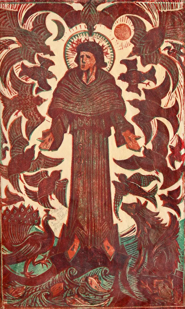 Cyril E. Power (1872-1951), St Francis, colour linocut, signed and inscribed, unframed, 41cm x 25cm. DDS Illustrated.