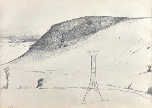 Edward Burra (1905-1976), Pylons, pencil, pen and ink, signed, 35cm x 49cm. DDS Illustrated. A/S