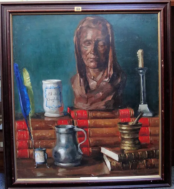 Leo van Droogenbraek, (1905-1995), Still life of books, bust, tankard and candelstick, oil on canvas laid on board, indistinctly signed and dated 1959