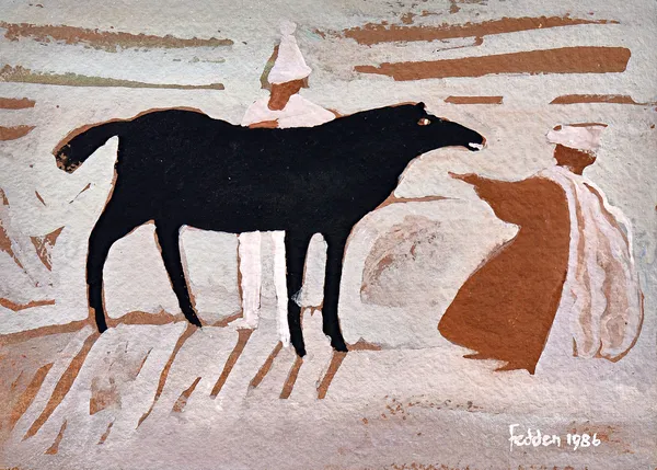 Mary Fedden (1915-2012), Figures and horse, gouache, signed and dated 1986, unframed, 14cm x 20cm. DDS Illustrated.