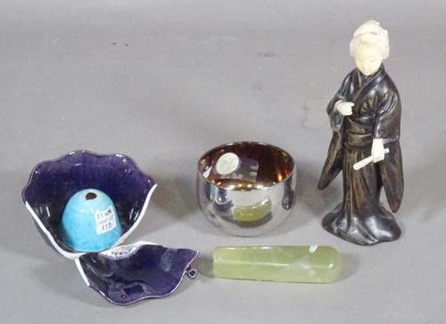 An early 20th century Japanese hardwood and ivory figure of a woman, 18cm tall, a green hardstone parasol handle, an Asian purple ceramic bowl of lotu