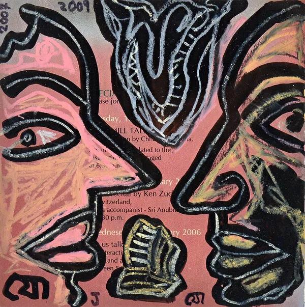 Jogen Chowdhury (b. 1939), Double Face; Face to Face, a pair, mixed media on printed card, both signed, inscribed and dated 2007 on reverse, each 18cm