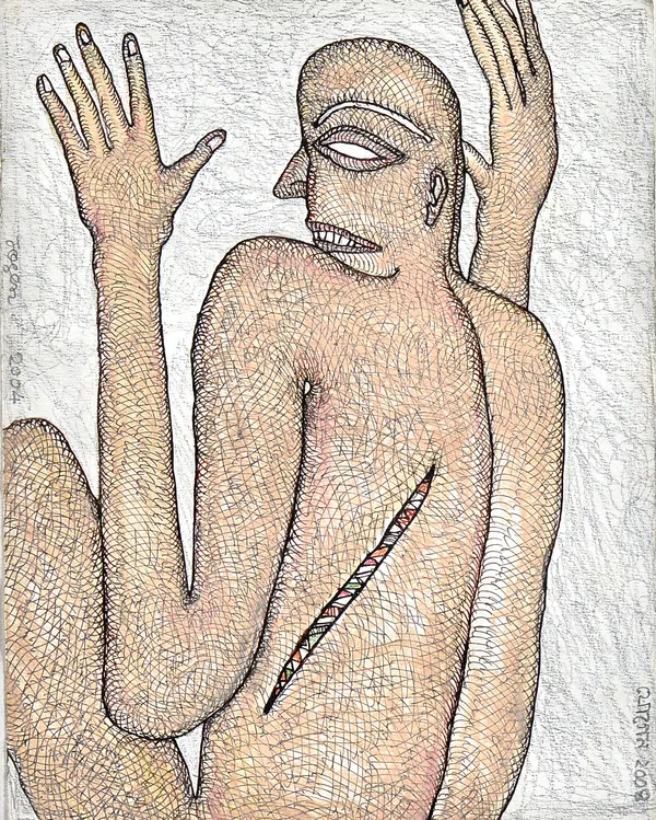 Jogen Chowdhury (b. 1939), Dead I, pen, ink and pastel, signed and dated 2004, inscribed on reverse, 18cm x 23.5cm. Illustrated.