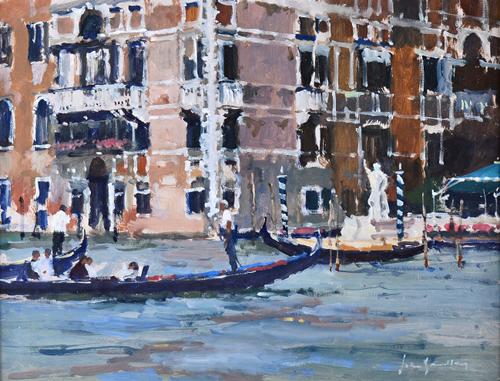 John Yardley (b.1933), The white statue, Venice, oil on board, signed, 34.5cm x 44.5cm. DDSIllustrated.