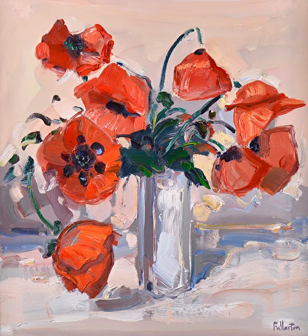James Fullarton (b.1946), Poppies in a white vase, oil on canvas, signed, 64cm x 59cm. DDSIllustrated.