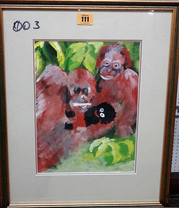 British School (20th century), Orangutan's and golly, oil on canvasboard, 29cm x 21cm.; together with a print of Glorious Goodwood 1991, by Terence GI