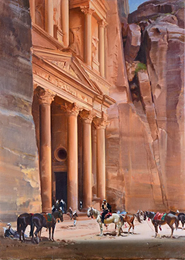Frank Wootton (1911-1998), Al Khazneh 'The Treasury', Petra, Jordan, oil on canvas, signed, unframed, 76cm x 55cm. DDS Illustrated.
