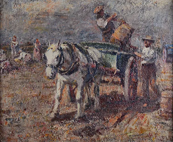 Harry Fidler (1856-1935), Loading the cart, oil on canvas, signed, 49cm x 59cm. Illustrated.