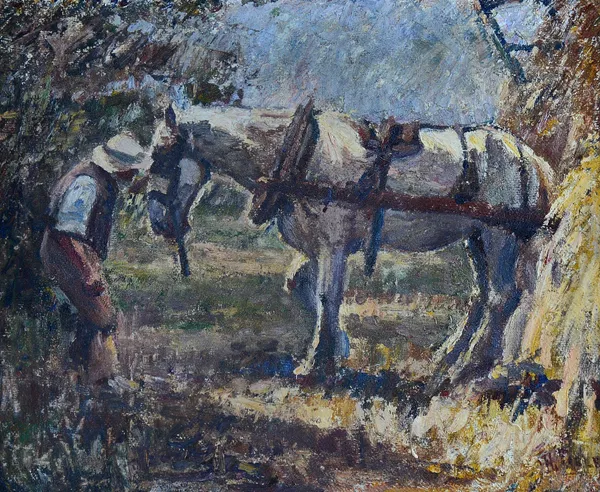 Harry Fidler (1856-1935), A farmhand and carthorse beside a hayrick, oil on canvas, signed, 45cm x 55cm. Illustrated.