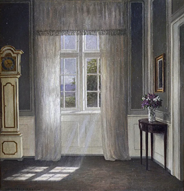 William Henrikson (1880-1964), White interior with longcase clock, oil on canvas, signed, 48cm x 47cm. DDS Illustrated.