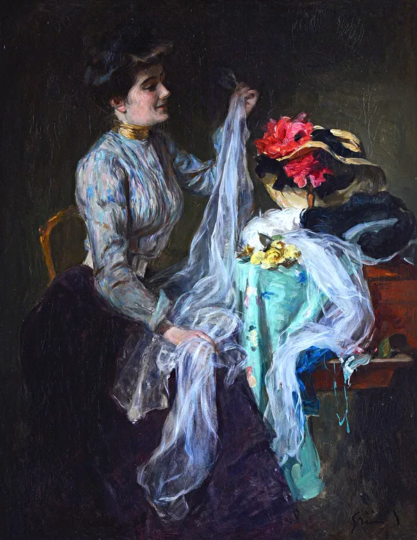 Jules Alexandre Grün (1868-1934), The Hat maker, oil on canvas, signed, 61cm x48.5cm. Illustrated.