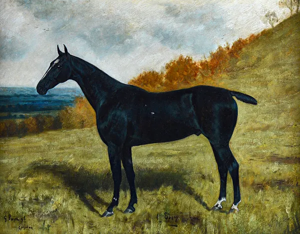 George Paice (1854-1925), Ebony: a black racehorse in a landscape, oil on canvas, signed, dated '96, inscribed with title and further inscribed Croydo