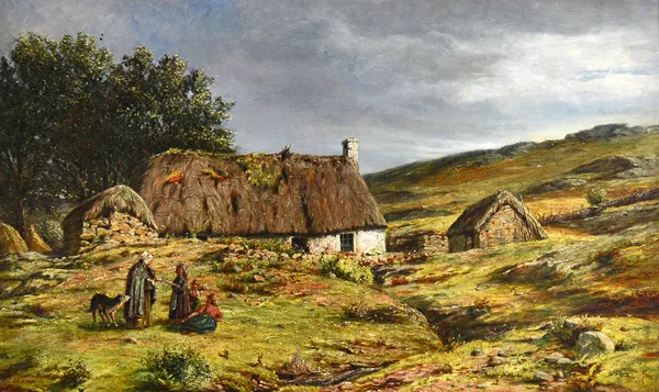 John Henderson (1860-1924), Figures before a crofter's cottage in a landscape, oil on canvas, signed, 44cm x 74cm. Illustrated.