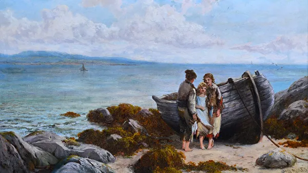 Thomas Rose Miles (fl.1869-1906), 'Irish Fisher Children', oil on canvas, signed, signed and inscribed on reverse, 29cm x 52cm. Illustrated. Provenanc