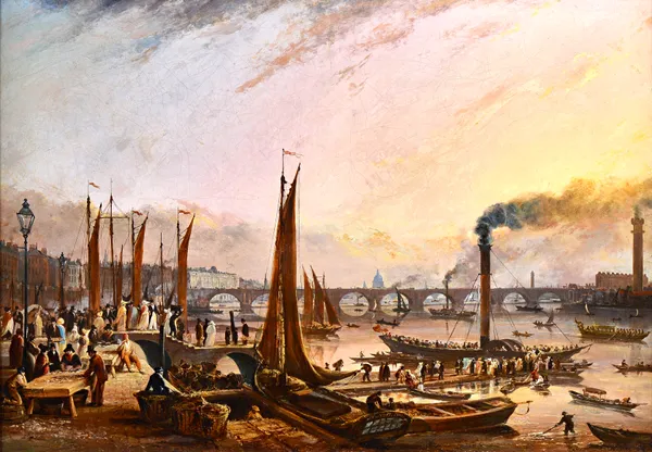 William Turner de Londe (19th century), A busy Thames scene with  figures and steam packets, oil on canvas, 47.5cm x 69cm. Illustrated.