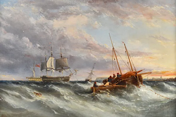 Ebenezer Colls (1812-1887), A fishing vessel in choppy waters off the Dutch coast, oil on canvas, signed, 50cm x 75cm. Illustrated.