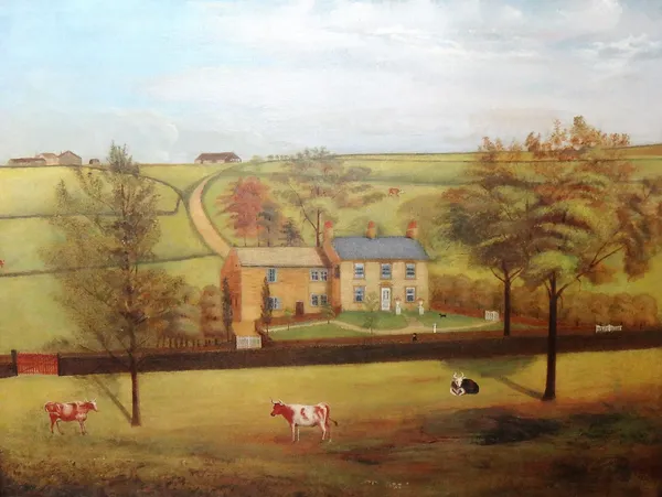 English Provincial School (19th century),Cattle grazing before a farmhouse in a landscape, oil on canvas, 83cm x 109cm.