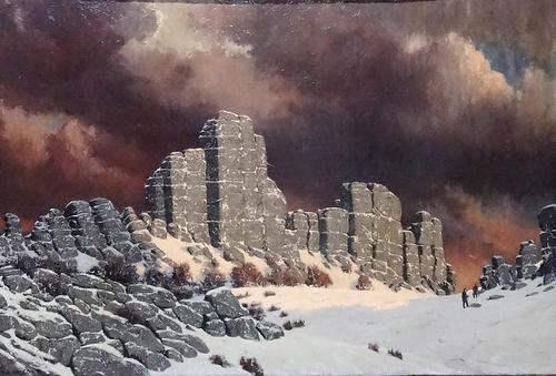 Thomas Adolphus Falcon (1872-1944), Figures by a Tor in winter, oil on board, signed, 61cm x 91cm.