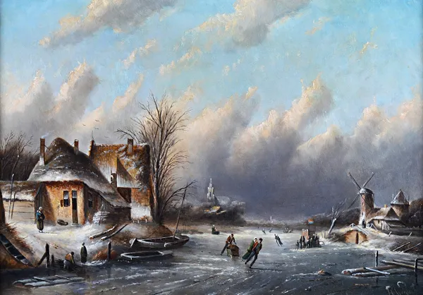 Jan Jacob Coenraad Spohler (1837-1923), Dutch winter scene with figures skating on the ice, oil on canvas, signed, 44.5cm x 64cm. Illustrated. Provena