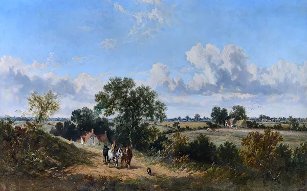 James Edwin Meadows (1828-1888), Horses, rider and dog on a country track, oil on canvas, signed and dated 1850, 74cm x 120cm. Illustrated.