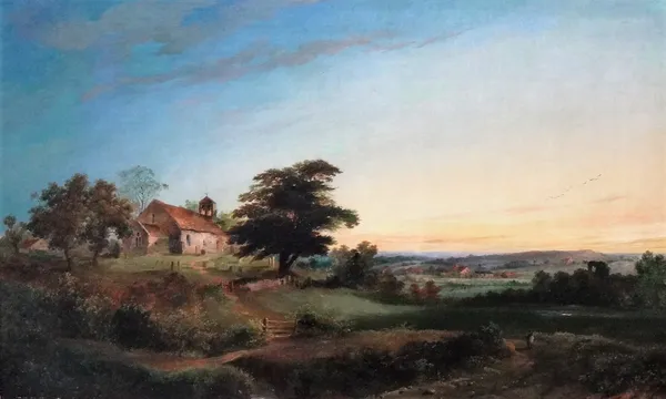 English School (19th century), Landscape with church, oil on canvas, 45cm x 75cm.