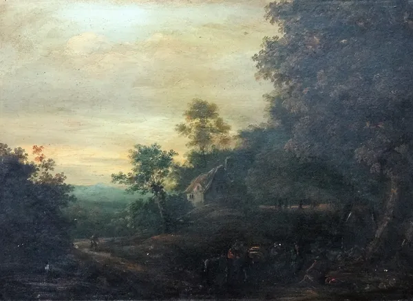 Follower of Patrick Nasmyth, Figures before a cottage in a wooded landscape, oil on board, 37cm x 51cm.