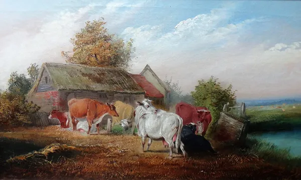 Benjamin Herring junior (1830-1871), Cattle in a farmyard, oil on canvas, signed, 29cm x 49cm.