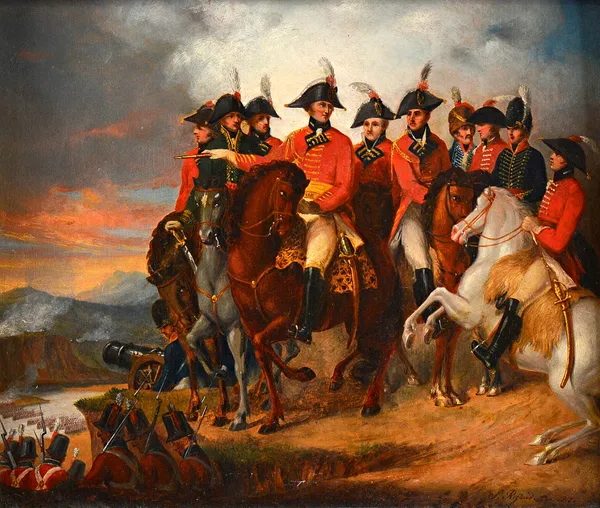 J Rigaud, (early 19th century), Officers on Horseback surveying a battle, oil on panel, signed and dated 1813, 27cm x 32cm.   Illustrated.