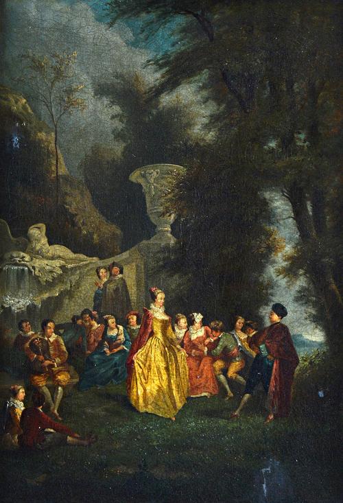 Manner of Carle van Loo, An elegant company before a cascade in parkland, oil on canvas, 58cm x 41cm.  Illustrated.