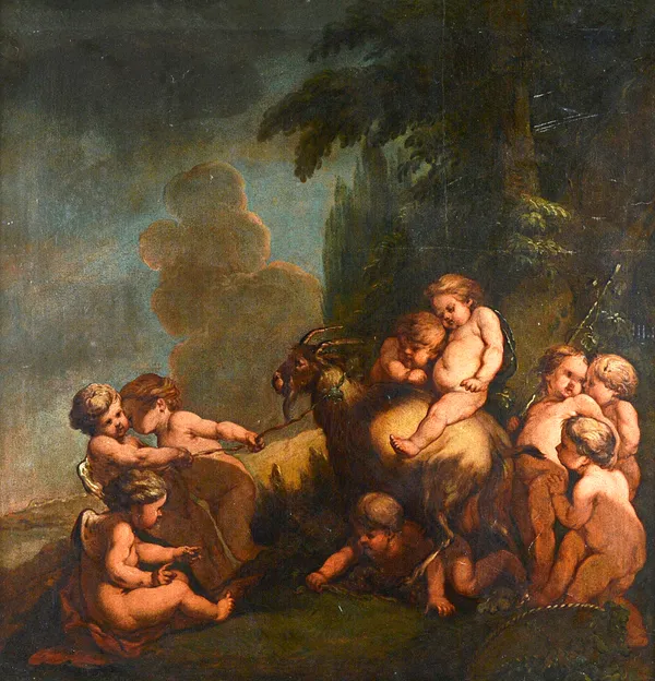 Continental School (18th/19th century), Cherubs and putti playing with  goat, oil on canvas, 111cm x 106cm.  Illustrated.