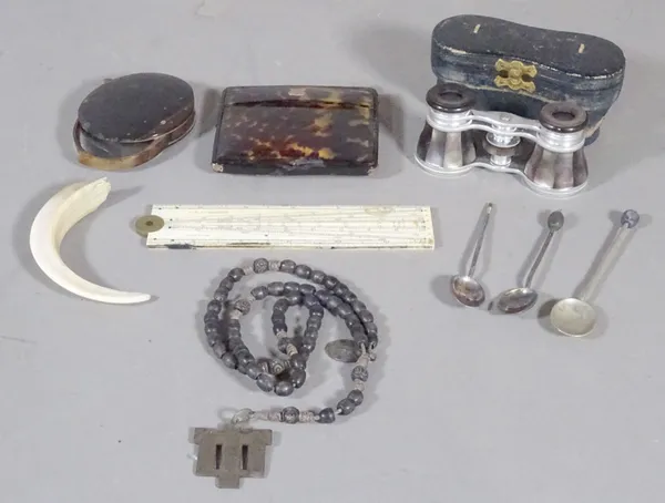 Collectables, including; an early 20th century slide rule 'W & T Gilbert London', a cased set of opera glasses, faux tortoiseshell case and sundry, (q