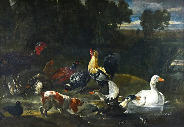 Follower of Jan Baptist Weenix, A spaniel surprising waterfowl, a turkey, a pheasant and a rabbit by a pond, oil on canvas, 120cm x 173cm. Illustrated
