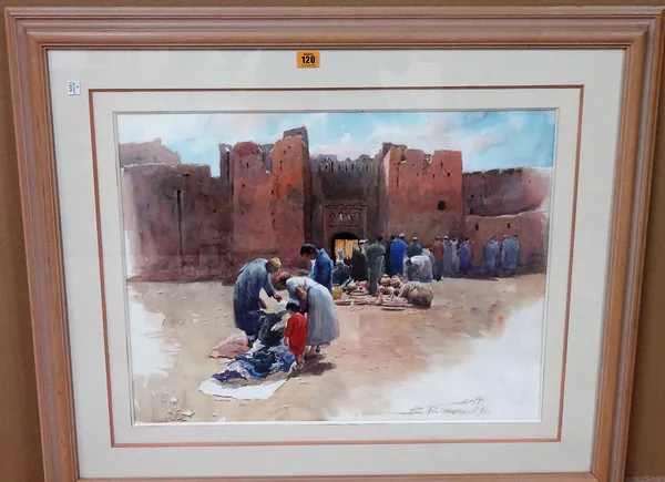 B** B** Ouhamadi (20th century), A North African street market, watercolour, signed and dated '94, 47cm x 62cm.    H1