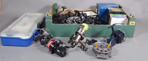 A large box of course fishing reels, some boxed, some daiwa baitrunner reels, rarer Mitchell 406 & 307 reels, Speedia Trotting & Leeds trotting reels