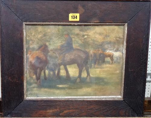 British School (early 20th century), Horses and figures beneath trees, watercolour, indistinctly signed with initials, 23cm x 31cm.  H1